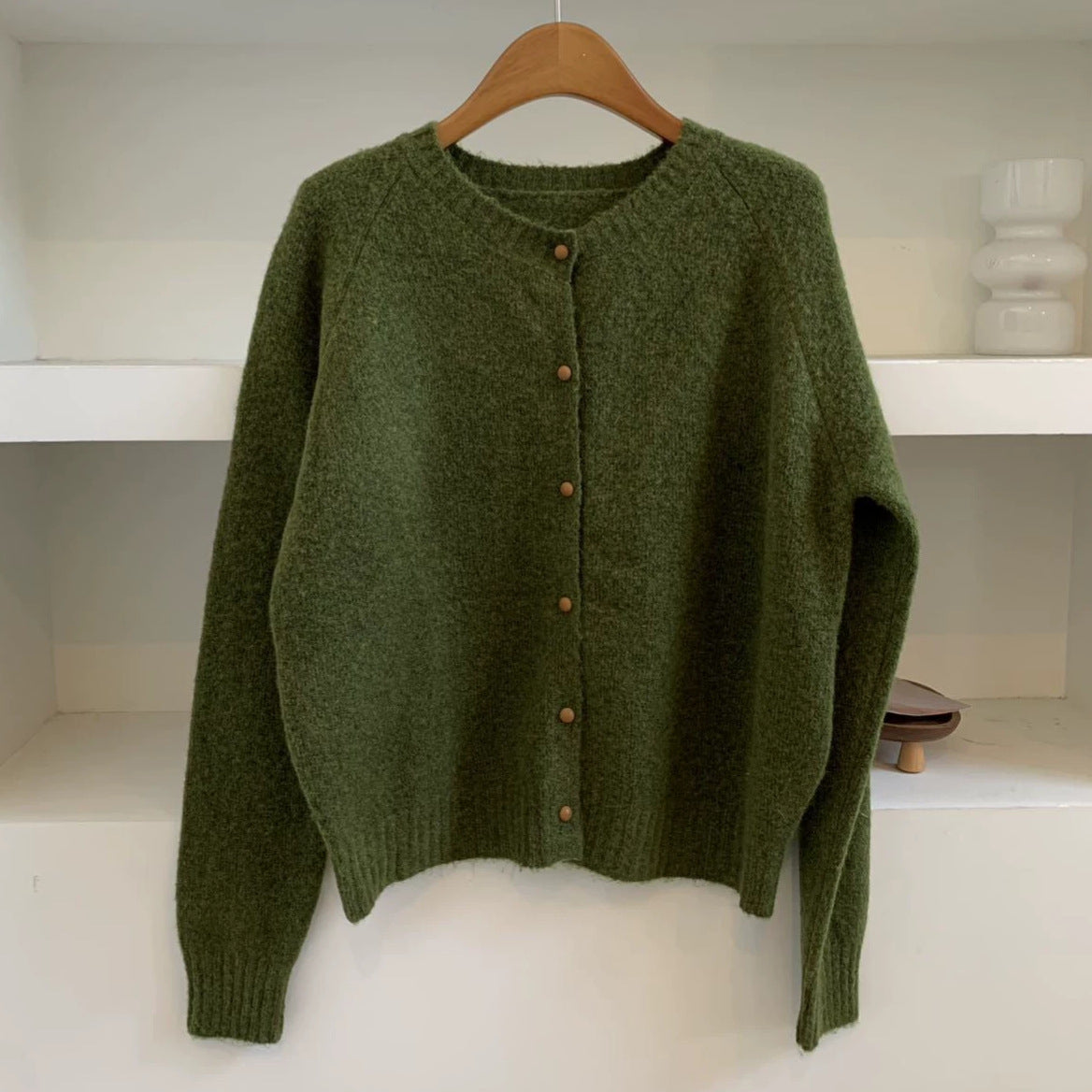 Relaxed Fit Wool Cardigan, Single-Breasted Round Neck Loose Knit Jacket
