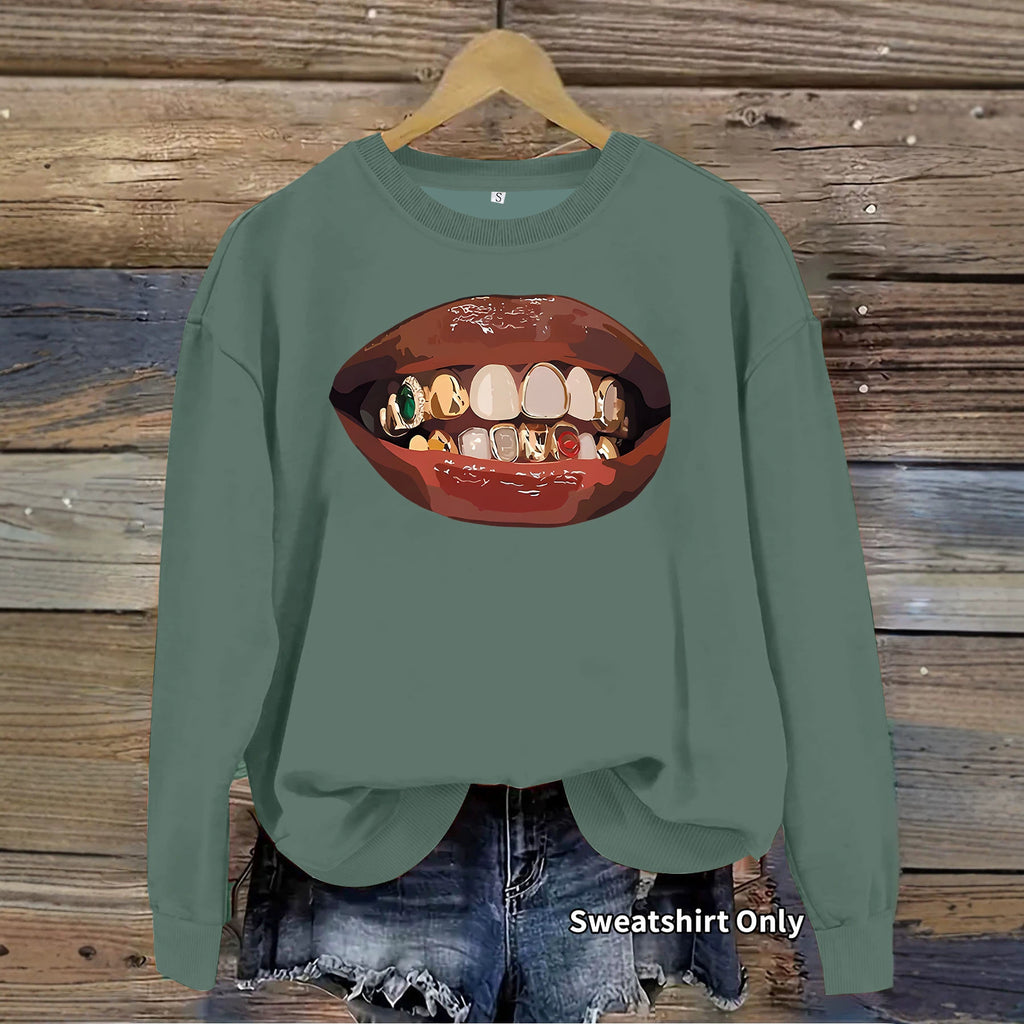 Black lip print loose women's fleece sweatshirt