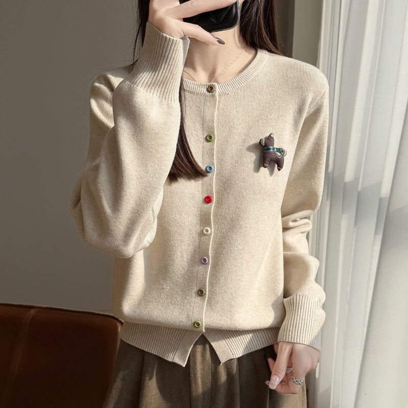 Women's Loose Long Sleeve Round Neck Knit Cardigan