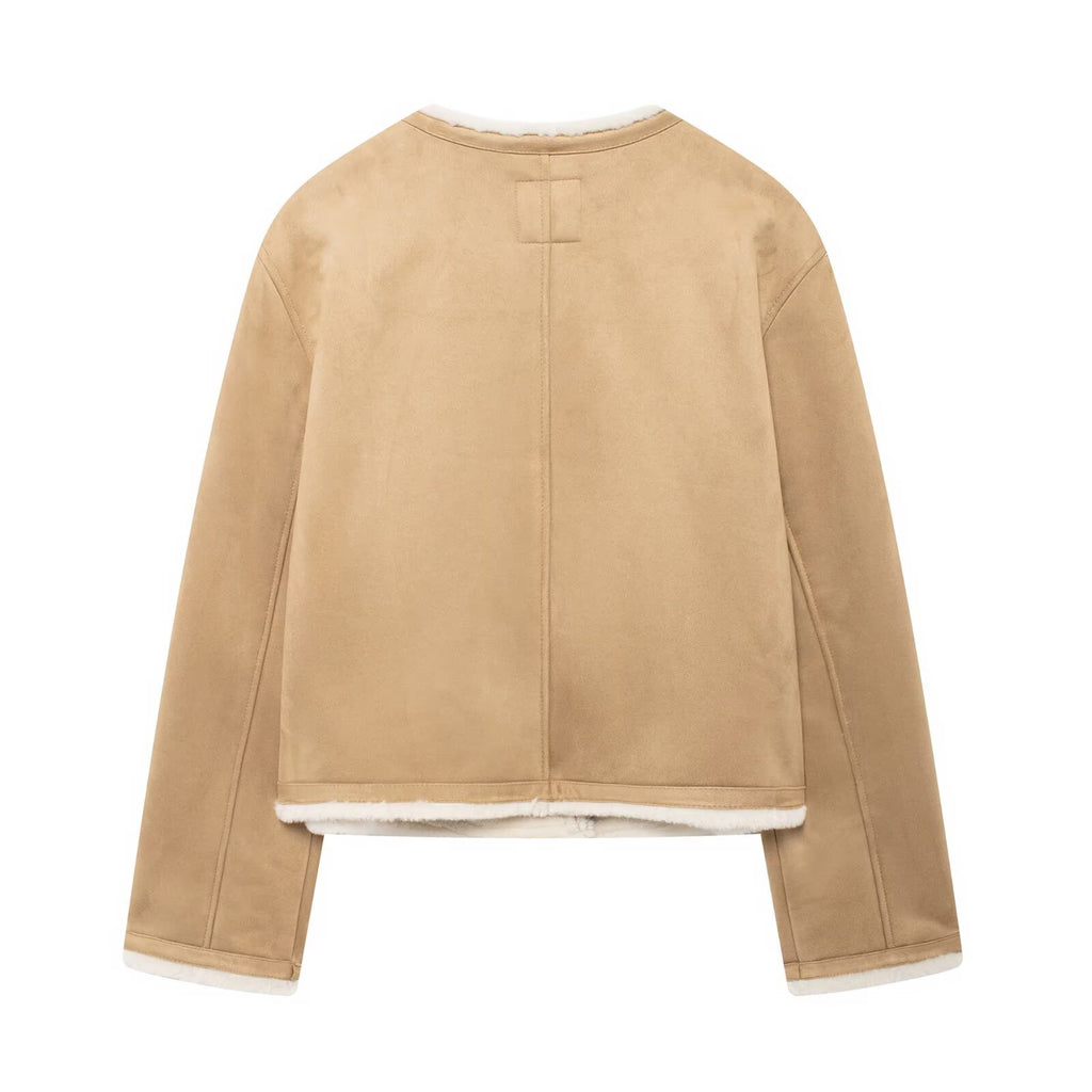 Faux Suede Reversible Round Neck Oversized Jacket