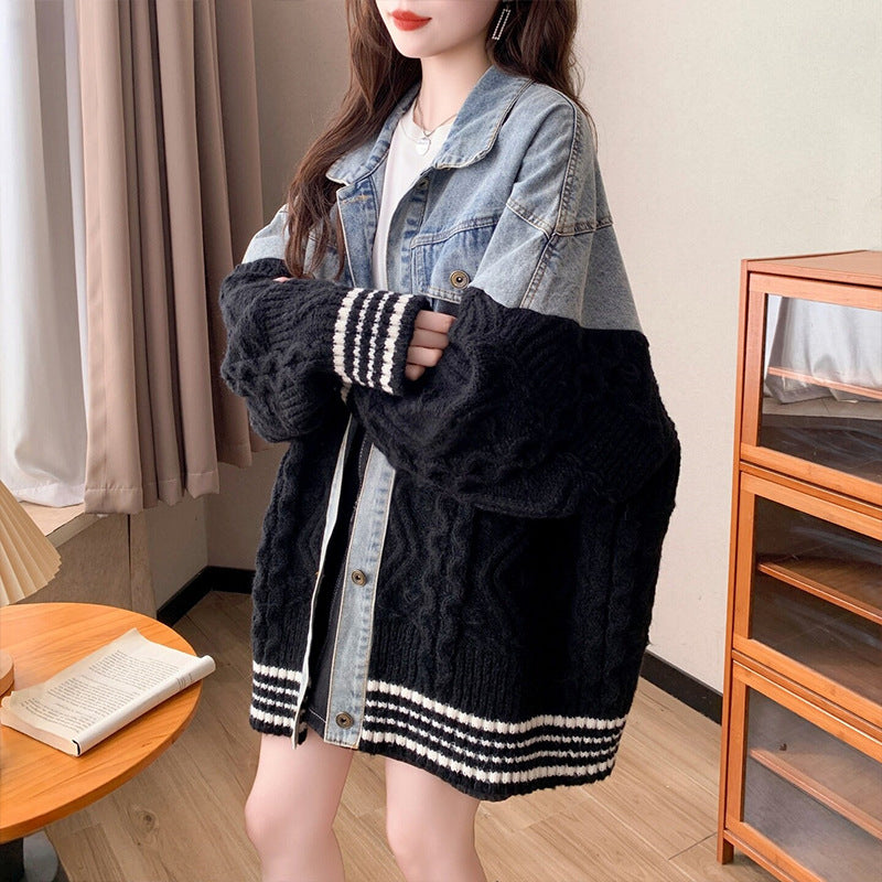 Loose denim patchwork sweater