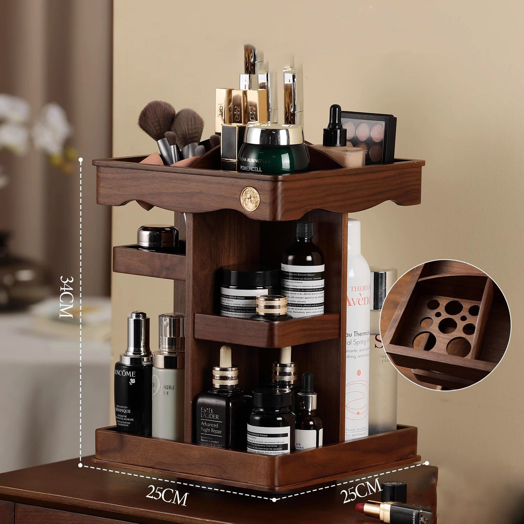 Cosmetics desktop storage cabinet with rotating solid wood