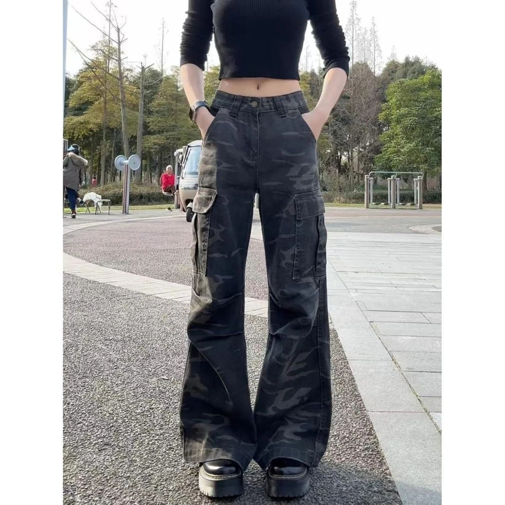 Vintage Camouflage Cargo Pants for Women, Straight Leg, Multi-Pocket, Wide Leg, Casual Floor-Length Trousers, Cotton