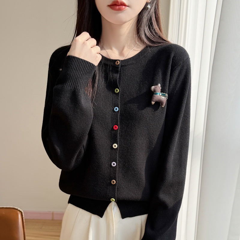 Women's Loose Long Sleeve Round Neck Knit Cardigan