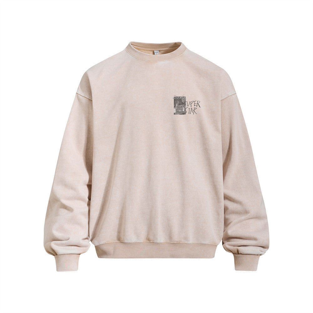 Vintage  Washed Distressed Portrait Print Long Sleeve Crew Neck Men's Casual Sweatshirt