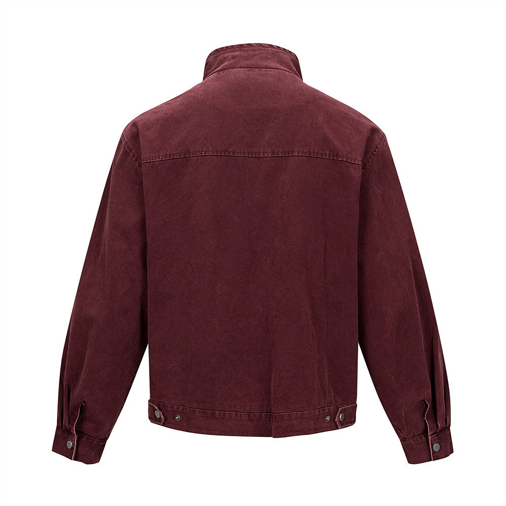 Men's Deconstructive Workwear Snowflake Wash Long Sleeve Aviation Button Stand Collar Relaxed Fit Denim Jacket
