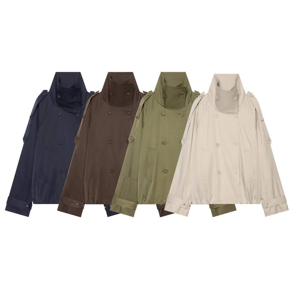 Simple casual long sleeved double breasted short windbreaker jacket