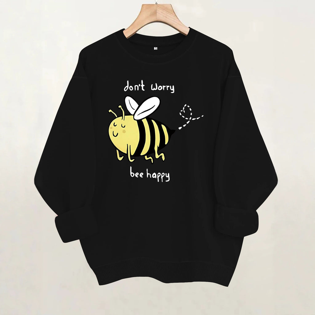 Bee pattern printed round neck fleece hoodie