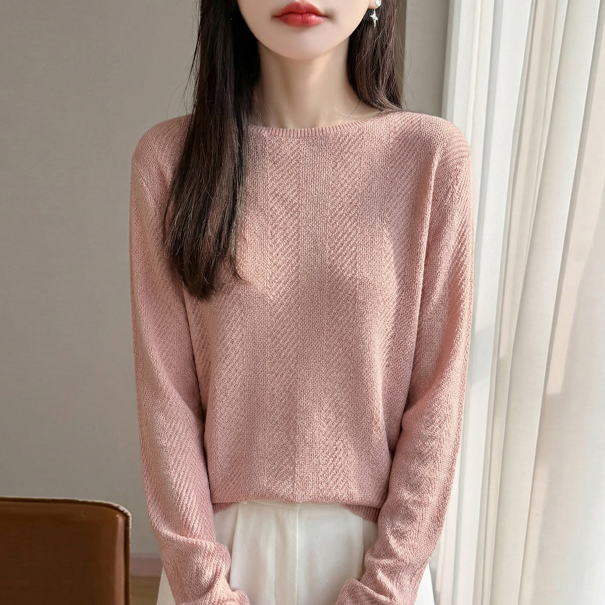 Women's Casual Blend Knit Long Sleeve Round Neck Top