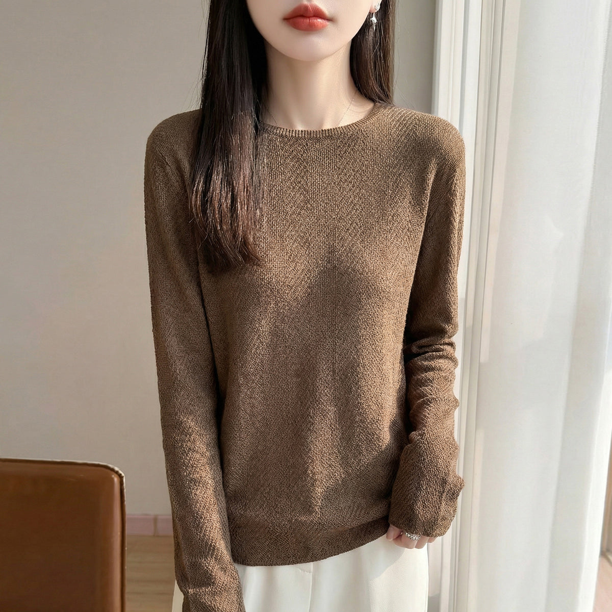 Women's Casual Blend Knit Long Sleeve Round Neck Top