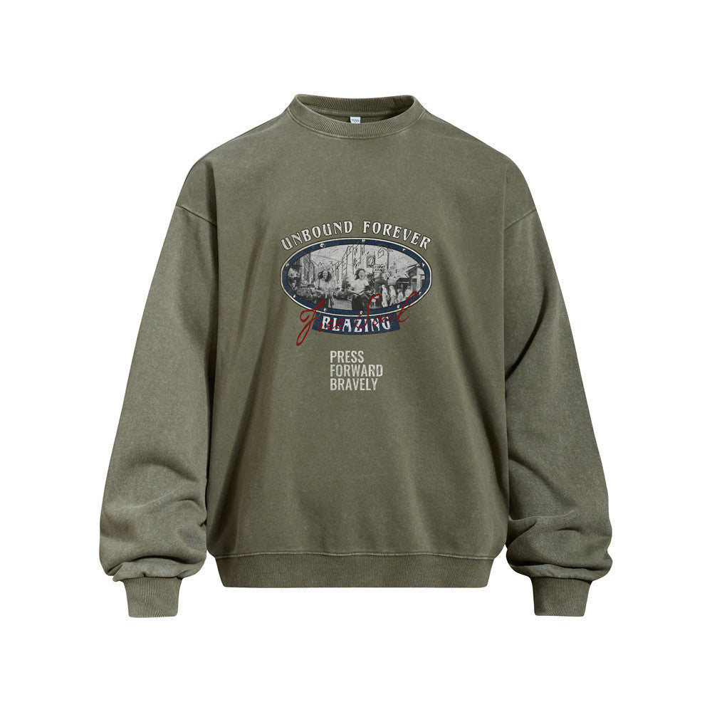 Vintage  Oversized Long Sleeve Round Neck Washed Graphic Men's Sweatshirt