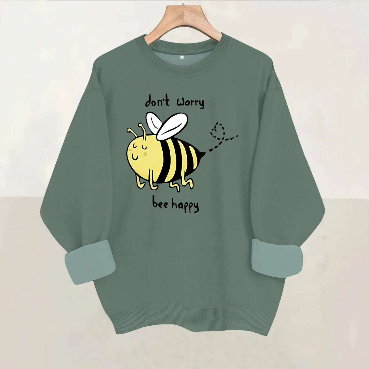 Bee pattern printed round neck fleece hoodie