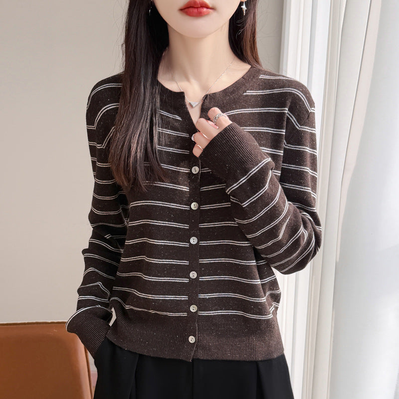 Women's Long Sleeve V-Neck Knit Cardigan Color Block Stripe Polka Dot Loose Fit Sweater Top