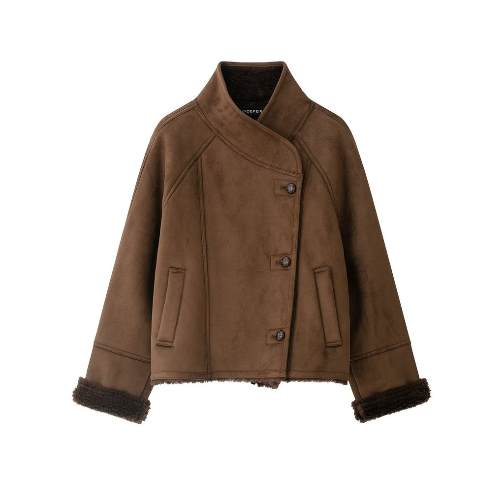 Double breasted buckle faux fur effect splicing high collar jacket