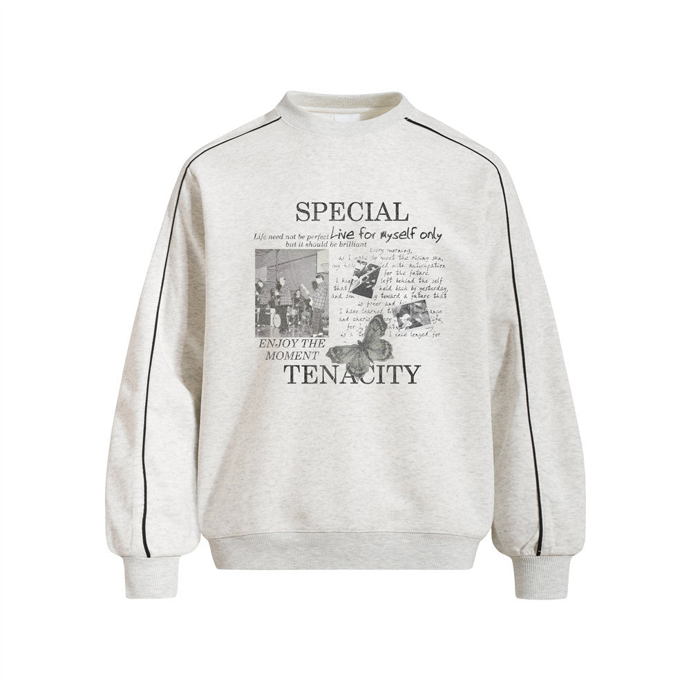 Men's Rap Character Print Contrast Stitch Crewneck Pullover Sweatshirt