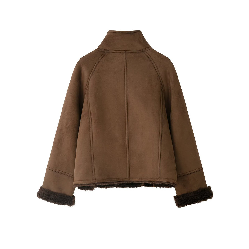 Double breasted buckle faux fur effect splicing high collar jacket