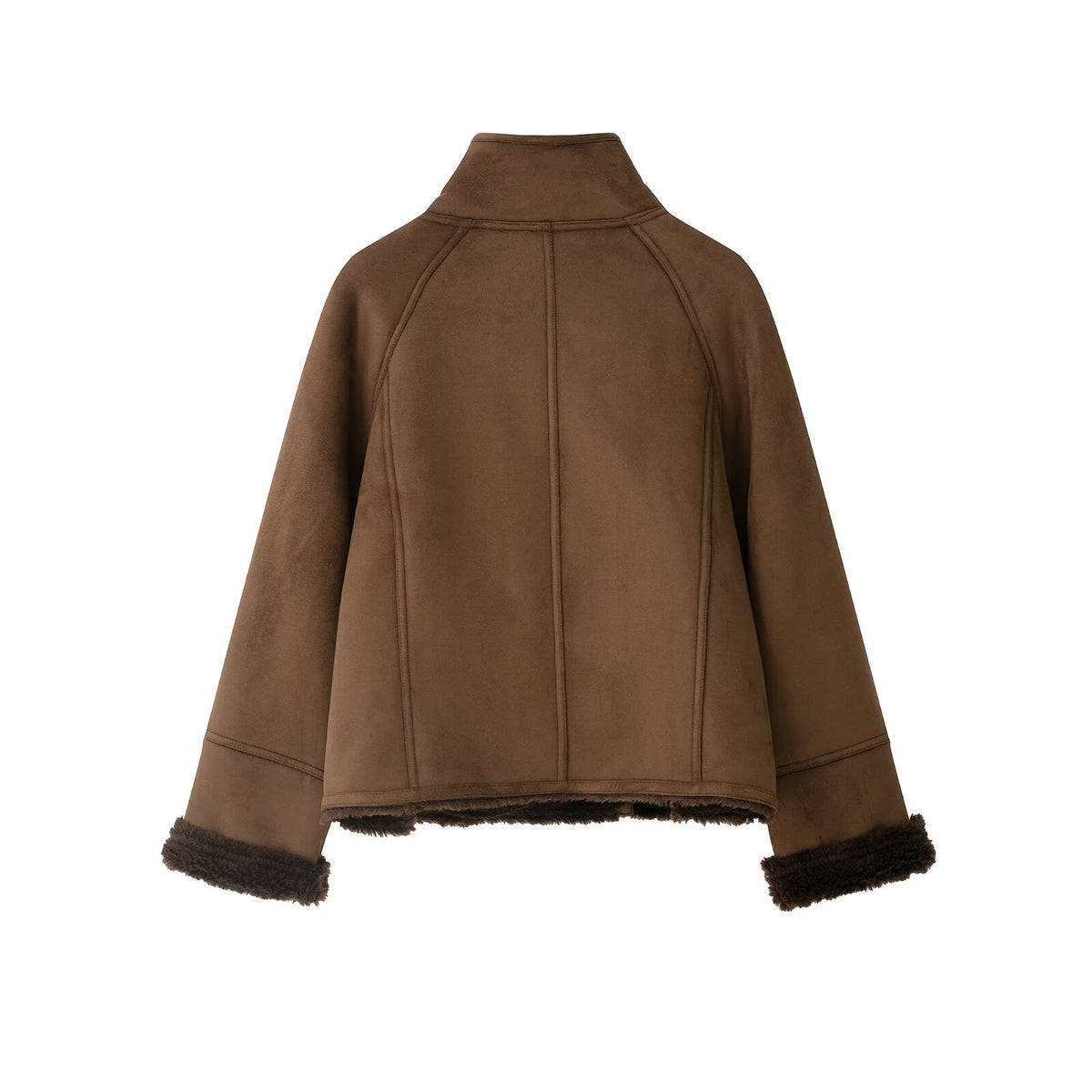 Double breasted buckle faux fur effect splicing high collar jacket