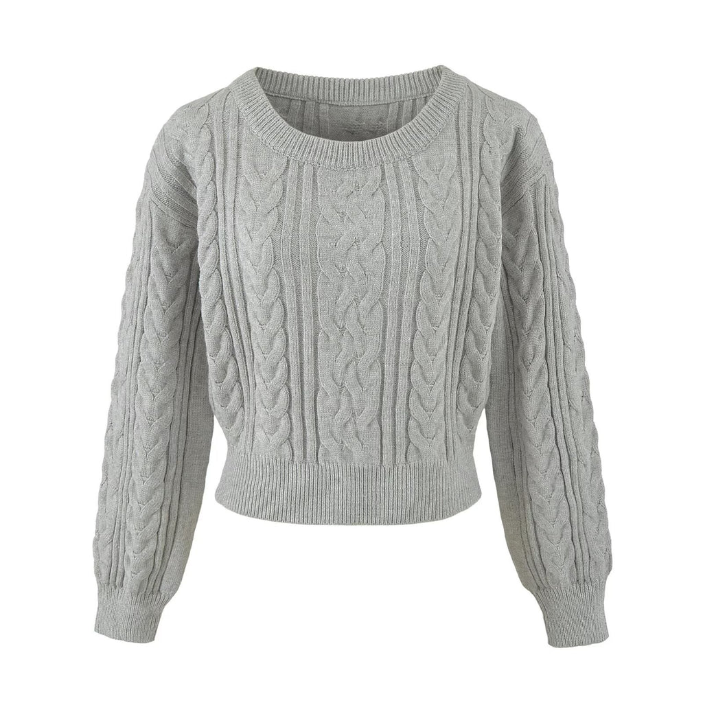 Cable Knit Long Sleeve Cropped Pullover Sweater for Women