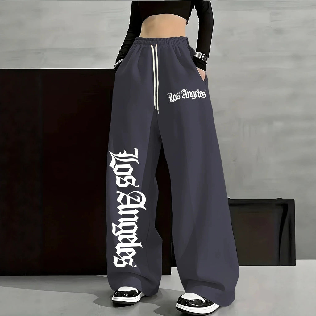 Women's Casual Gothic Letter Print Lightweight High Waist Adjustable Drawstring Wide Leg Pants