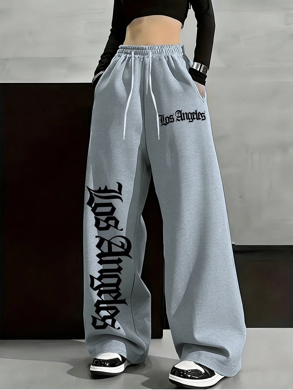 Women's Casual Gothic Letter Print Lightweight High Waist Adjustable Drawstring Wide Leg Pants