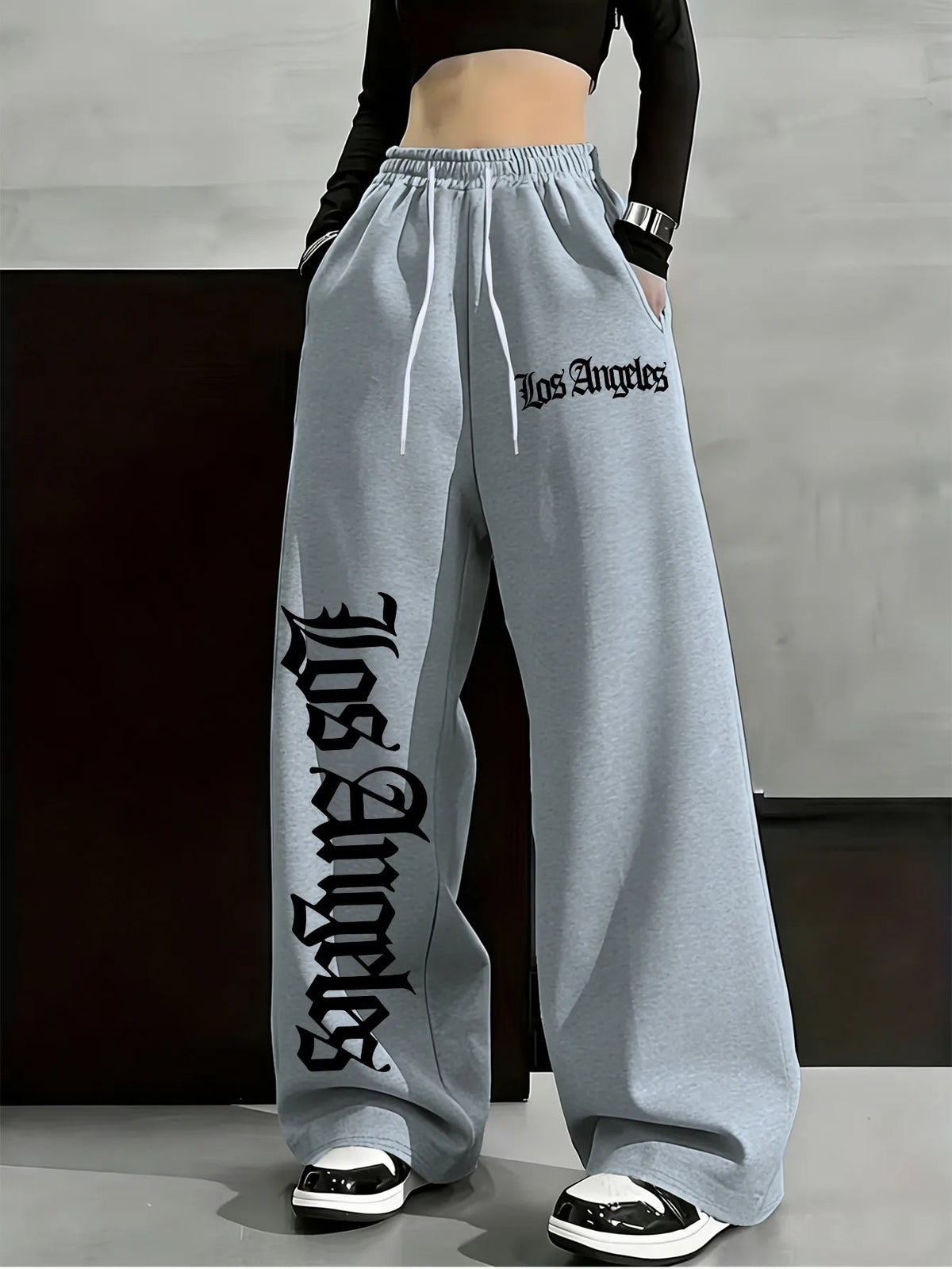 Women's Casual Gothic Letter Print Lightweight High Waist Adjustable Drawstring Wide Leg Pants