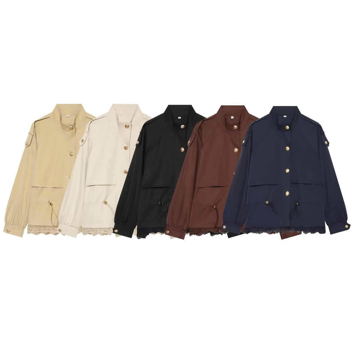 Simple stand up collar long sleeved single breasted lace patchwork workwear short jacket