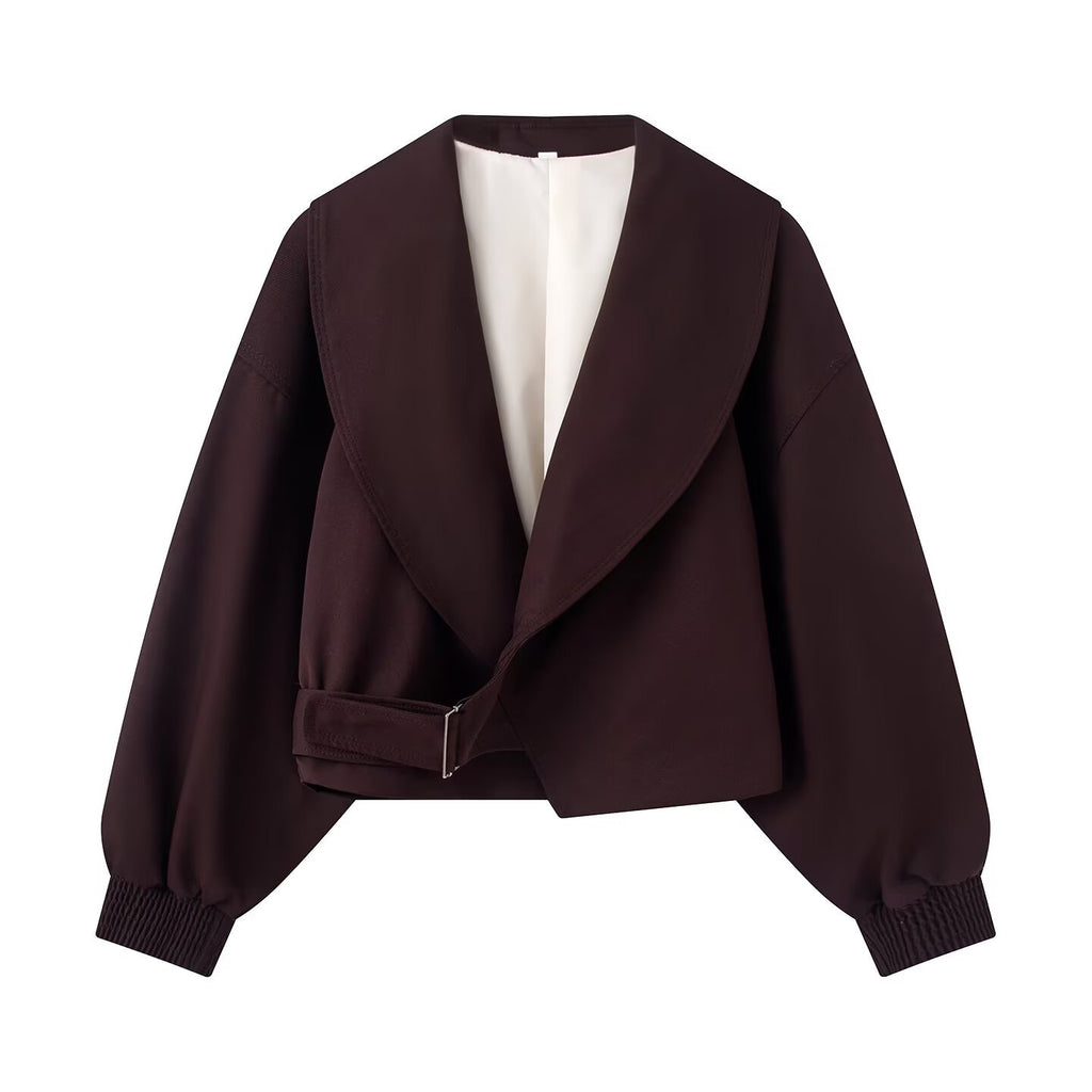Metal buckle long sleeved lapel short jacket
