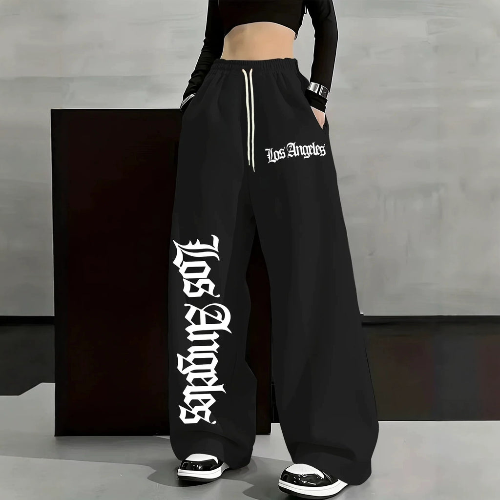 Women's Casual Gothic Letter Print Lightweight High Waist Adjustable Drawstring Wide Leg Pants