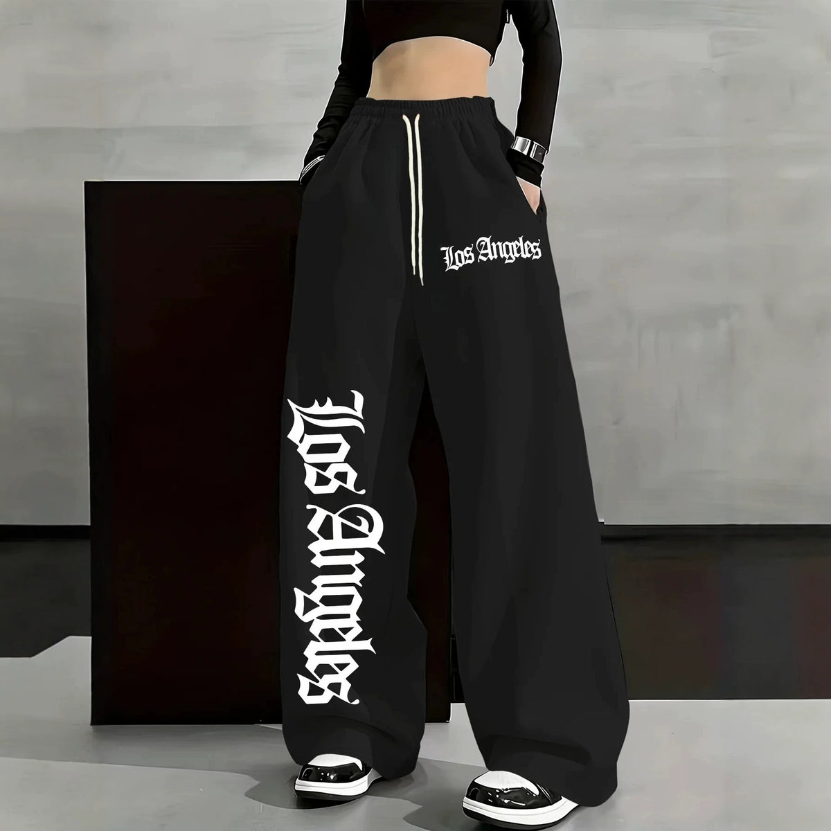 Women's Casual Gothic Letter Print Lightweight High Waist Adjustable Drawstring Wide Leg Pants