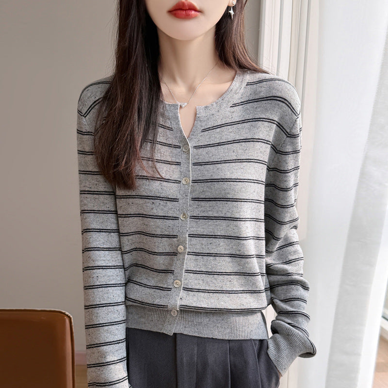 Women's Long Sleeve V-Neck Knit Cardigan Color Block Stripe Polka Dot Loose Fit Sweater Top