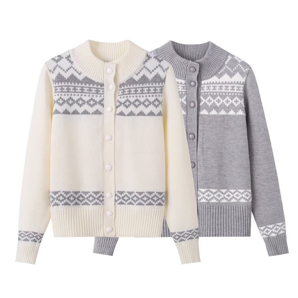 Slim Fit Cropped Fair Isle Pattern Long Sleeve Mock Neck Knit Cardigan
