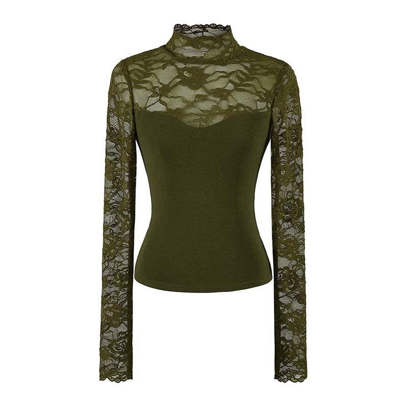 Lace Spliced Cut-Out Stand Collar Crop Women's T-Shirt