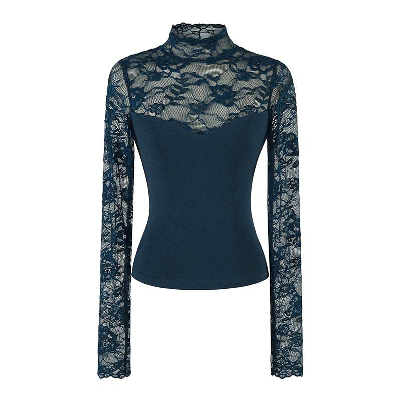Lace Spliced Cut-Out Stand Collar Crop Women's T-Shirt
