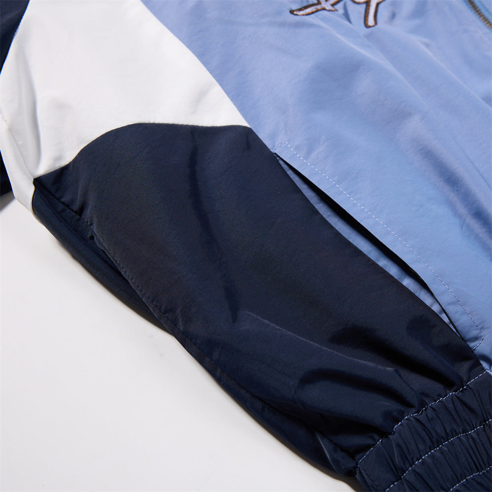 Men's  Loose Stand Collar Color Block Letter Patch Casual Sport Jacket