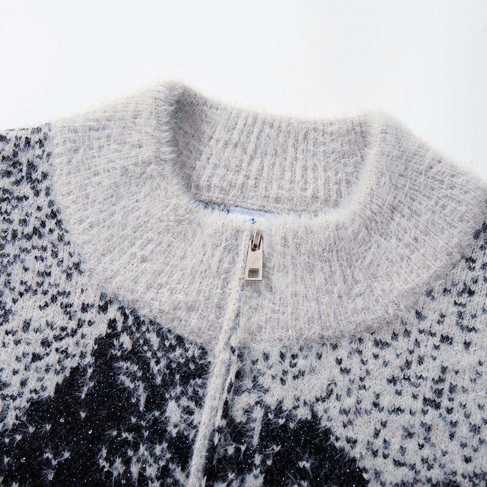 Men's Long Sleeve Cat Jacquard Pattern Stand Collar Cardigan Sweater Relaxed Casual Knit Jacket