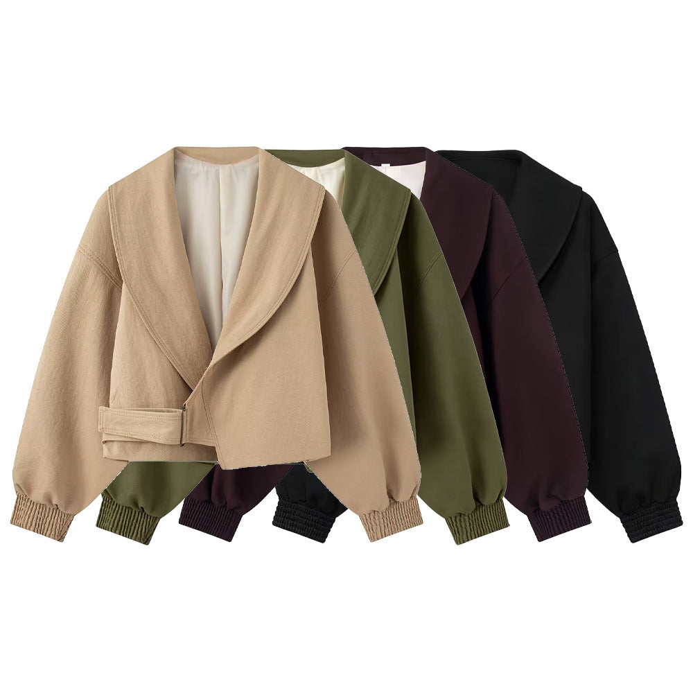 Metal buckle long sleeved lapel short jacket