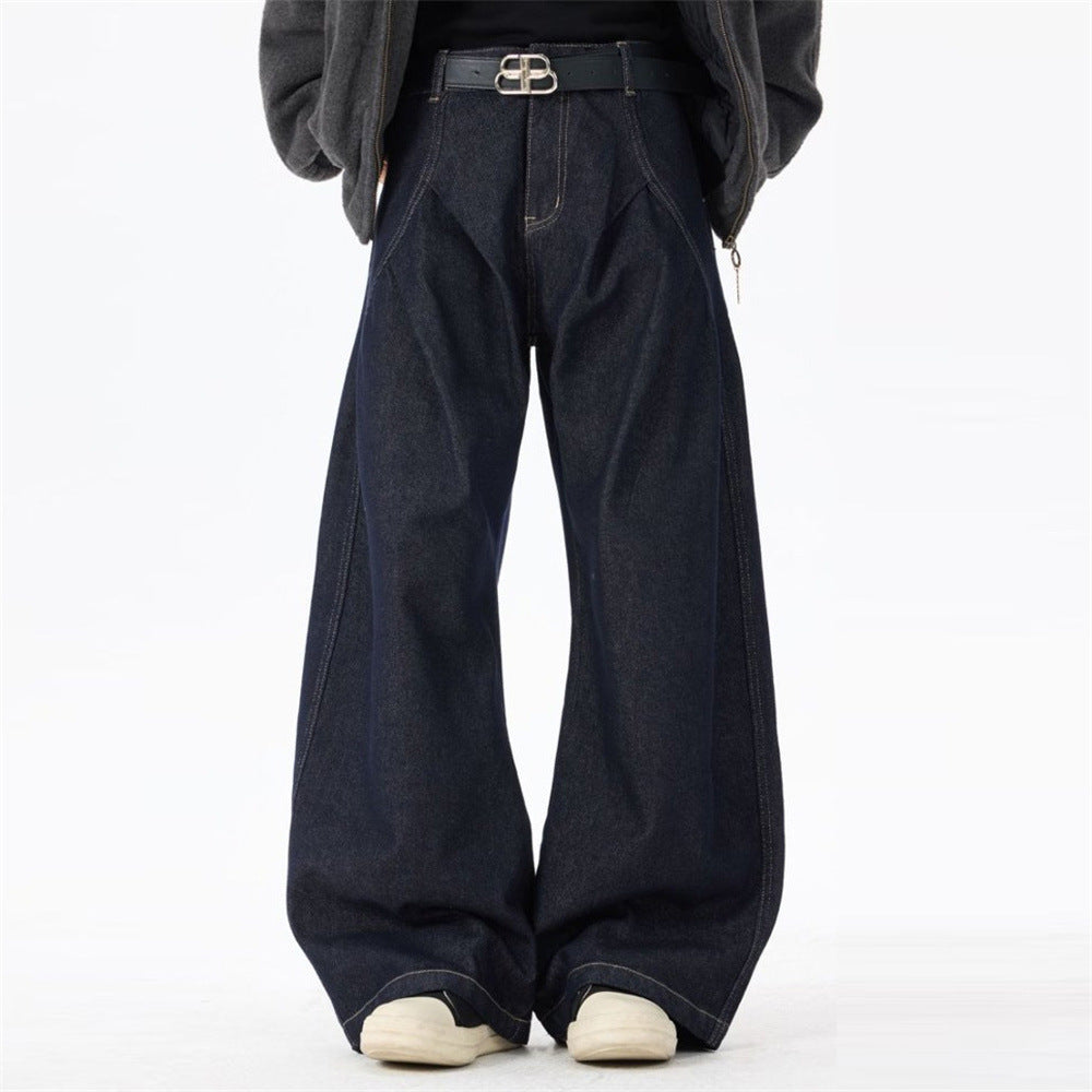 Men's High Street Wide Leg Raw Denim Jeans Solid Color Loose Fit Pleated Trousers with Pockets