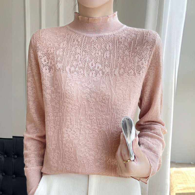 Women's Elegant Splicing Long Sleeve Organza Lace Trim Collar Thin Knit Top