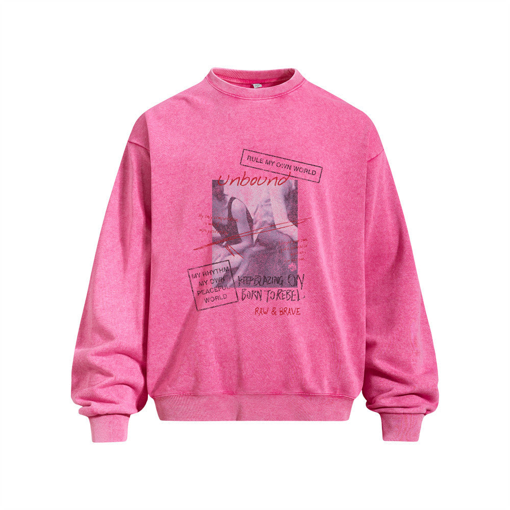 Retro Character Graphic Print Distressed Wash Long Sleeve Crew Neck Men's Loose Casual Sweatshirt