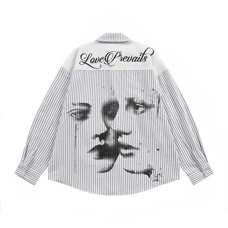 Men's Dark Hip-Hop Loose Face Print Vertical Stripes Long Sleeve Collared Shirt