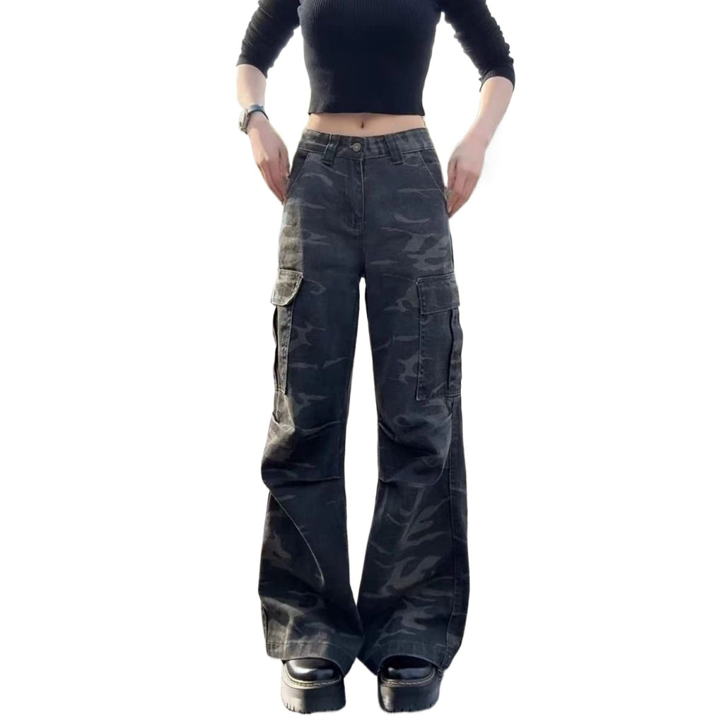 Vintage Camouflage Cargo Pants for Women, Straight Leg, Multi-Pocket, Wide Leg, Casual Floor-Length Trousers, Cotton