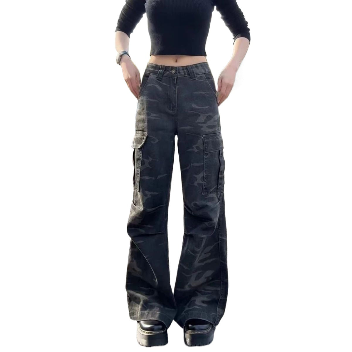 Vintage Camouflage Cargo Pants for Women, Straight Leg, Multi-Pocket, Wide Leg, Casual Floor-Length Trousers, Cotton