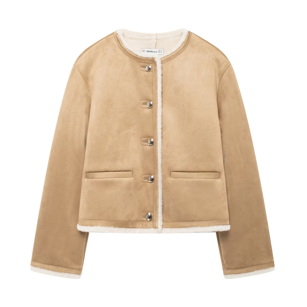 Faux Suede Reversible Round Neck Oversized Jacket