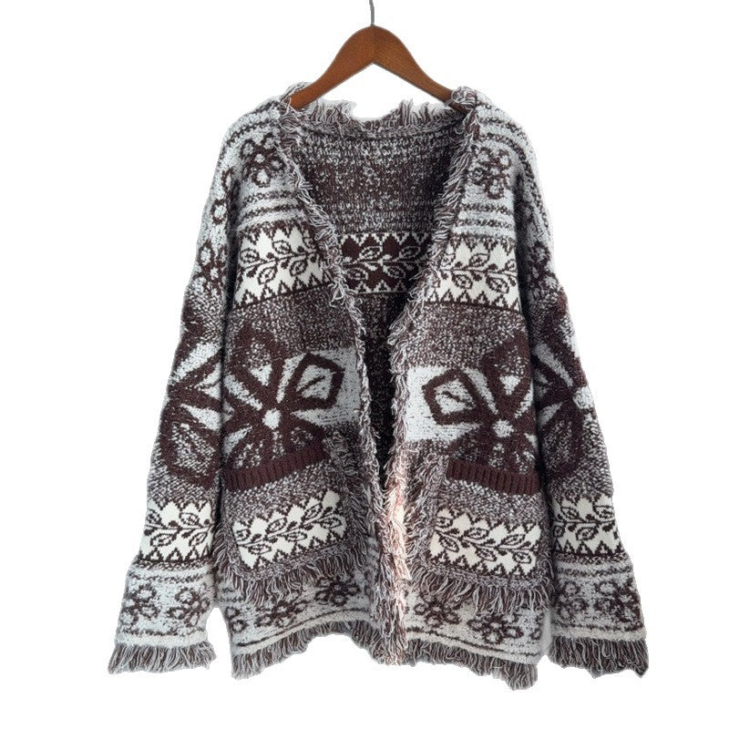 Tassel jacquard cardigan sweater