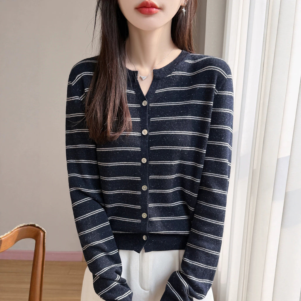 Women's Long Sleeve V-Neck Knit Cardigan Color Block Stripe Polka Dot Loose Fit Sweater Top