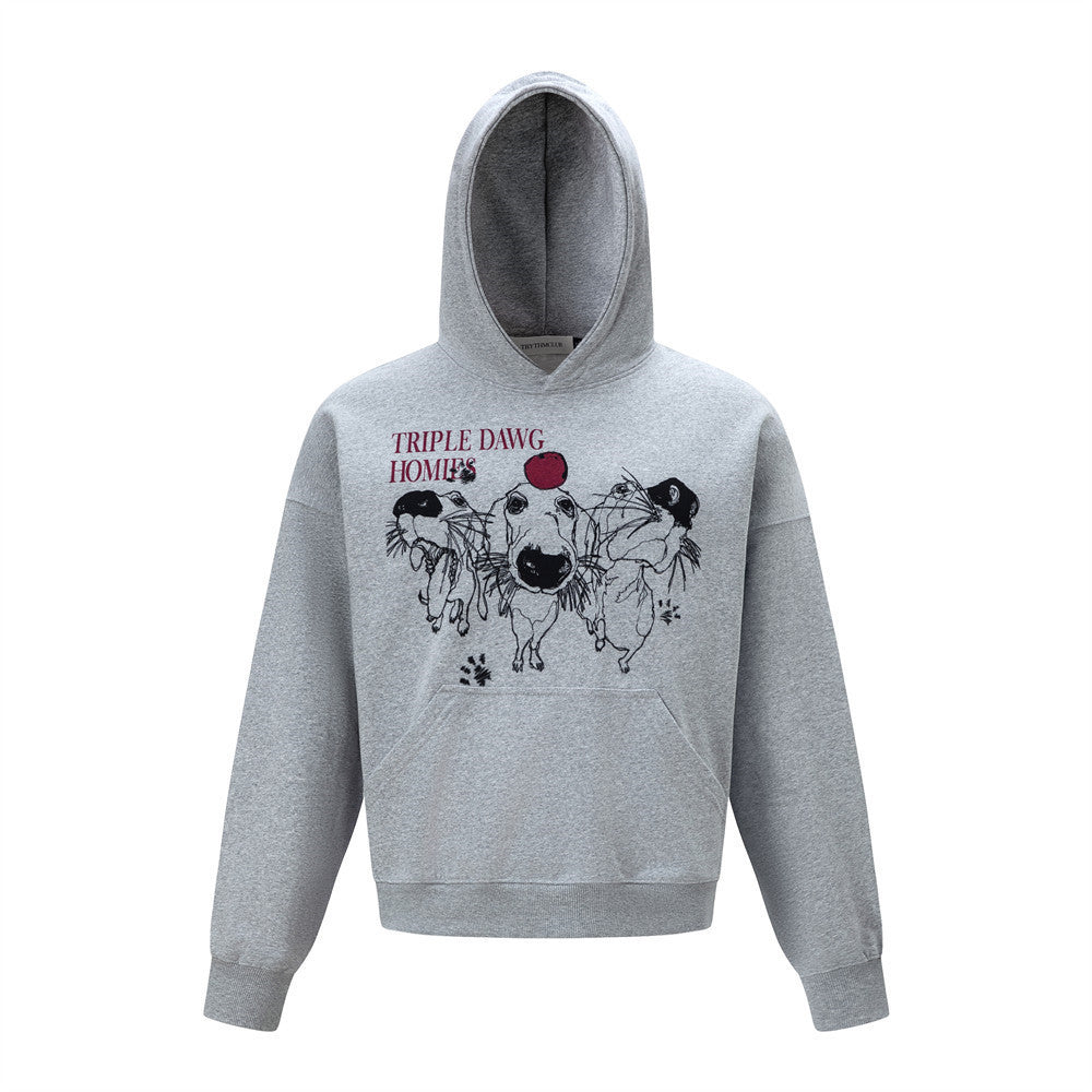 Men's Hip Hop Loose Long Sleeve Hooded Sweatshirt with Hand-drawn Cartoon Dog Print