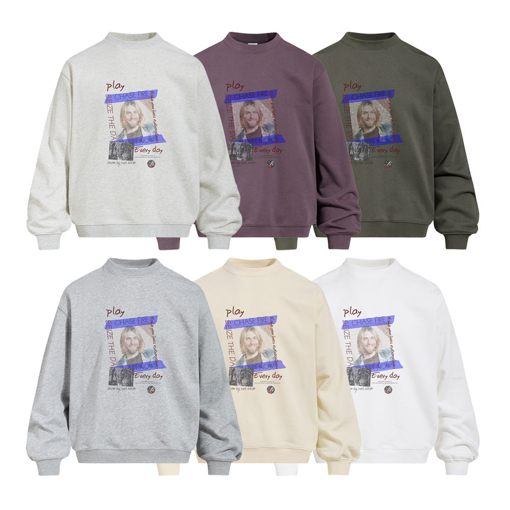 Men's Portrait Print Long Sleeve Crew Neck Oversized Heavyweight 420GSM Casual Streetwear Pullover Sweatshirt