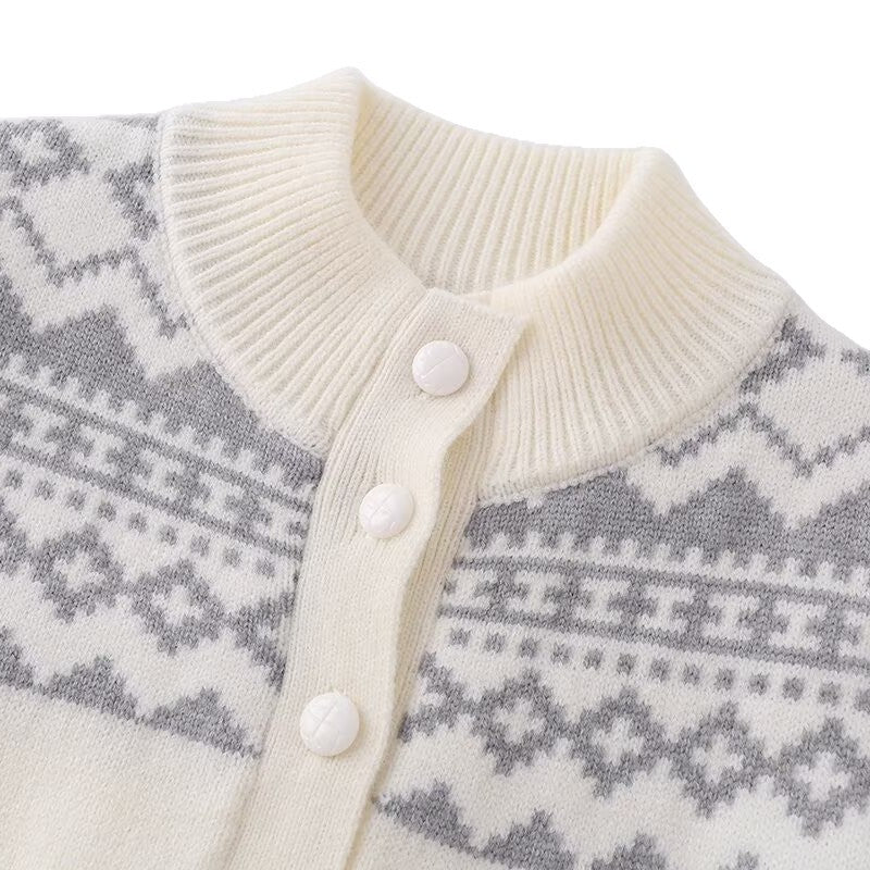 Slim Fit Cropped Fair Isle Pattern Long Sleeve Mock Neck Knit Cardigan