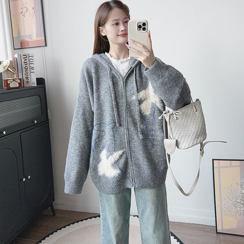 Hooded Jacquard Embroidered Sweater