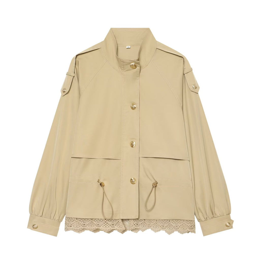 Simple stand up collar long sleeved single breasted lace patchwork workwear short jacket